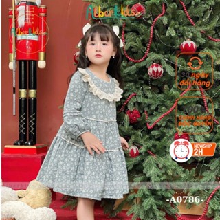 Váy bé gái dài tay ALBERKIDS xanh in hoa cách điệu cho trẻ em 2,3,4,5,6,7,8,9,10,11,12 tuổi A0786