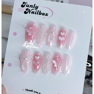 Nailbox tông hồng trắng Y2K JUNLY - nail box thiết kế móng giả nơ hồng đính đá xinh xắn đi chơi đi tiệc 285 