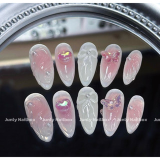 Nailbox hồng trắng ombre JUNLY - nail box thiết kế móng giả cham nơ trái tim nổi đơn giản 206 