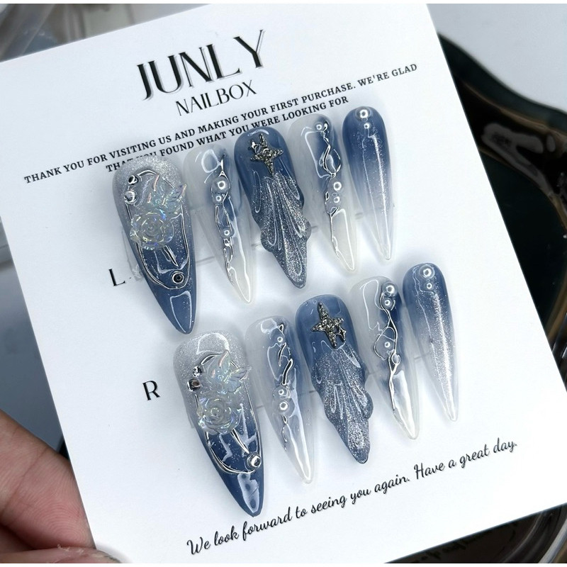 Nailbox ombre xanh JUNLY - nail box thiết kế móng giả mắt mèo vỏ sò biển siêu sáng đi chơi 250