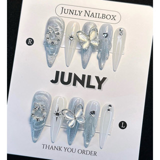  Nailbox mắt mèo ánh trăng xanh JUNLY - nail box thiết kế móng giả thạch trắng đính vòng hoa 240 