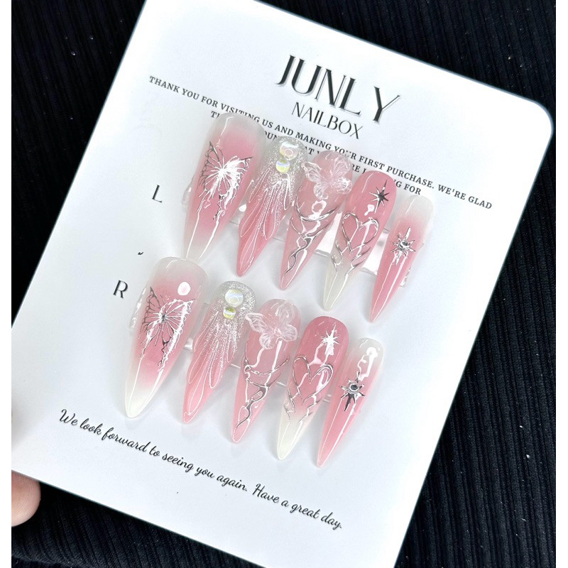 Nailbox mắt mèo màu hồng ombre JUNLY - nail box thiết kế móng giả đi chơi, đi tiệc 167