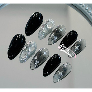 Nailbox thạch đen loang JUNLY - nail box thiết kế móng giả đen đính đá siêu sáng đơn giản đi chơi 495
