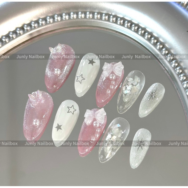 Nailbox mắt mèo nơ hồng JUNLY - nail box thiết kế móng giả cô dâu đám cưới 203