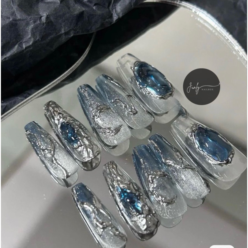 Nailbox loang xanh kim tuyến JUNLY - nail box thiết kế móng giả tráng gương bạc cá tính 170