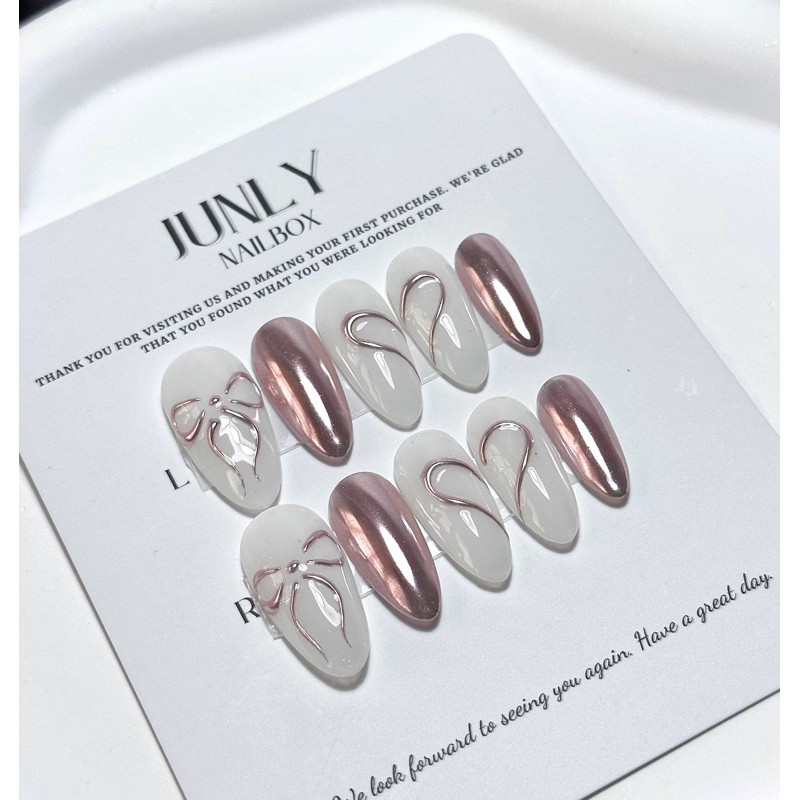 Nailbox tráng gương nơ xinh JUNLY - nail box thiết kế móng giả tráng hồng bạc đơn giản 168