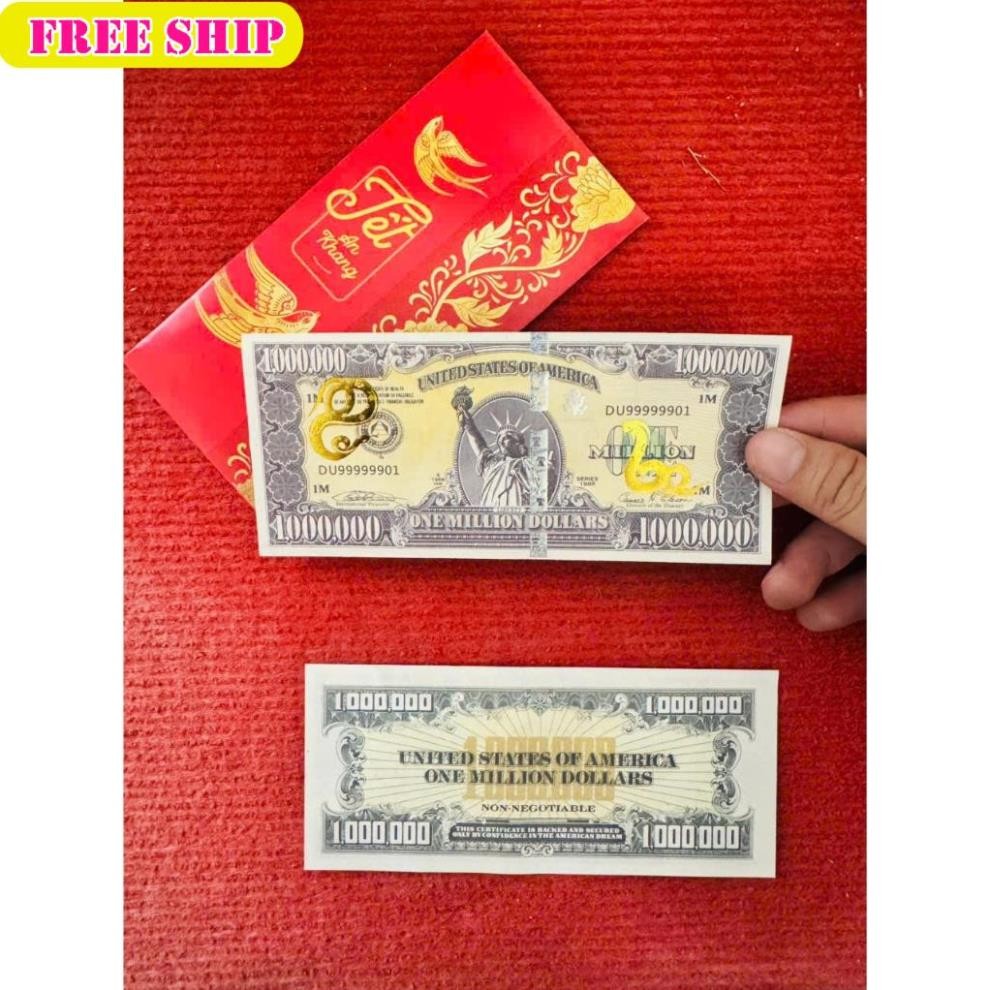 Lì xì tết 2025 Combo 2 tờ Tiền Hình Con rắn 1 Triệu USD lưu niệm 2025 tặng bao đỏ may mắn 2025 LXQT