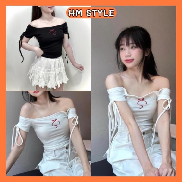 Áo trễ vai tay ngắn buộc dây thêu Nơ Đỏ,áo thun nữ kiểu trễ vai chất cotton bozip mẫu hot HA602 !