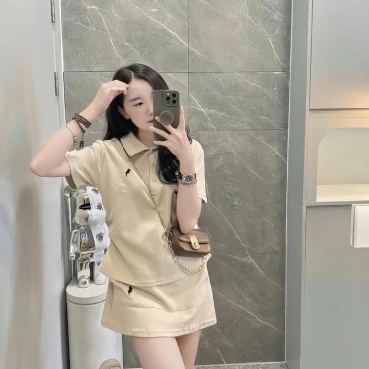 Sét nỉ áo polo cổ đức + Chân váy chữ A, set bộ đồ nữ thêu ngựa kiểu dáng cực cá tính AA11