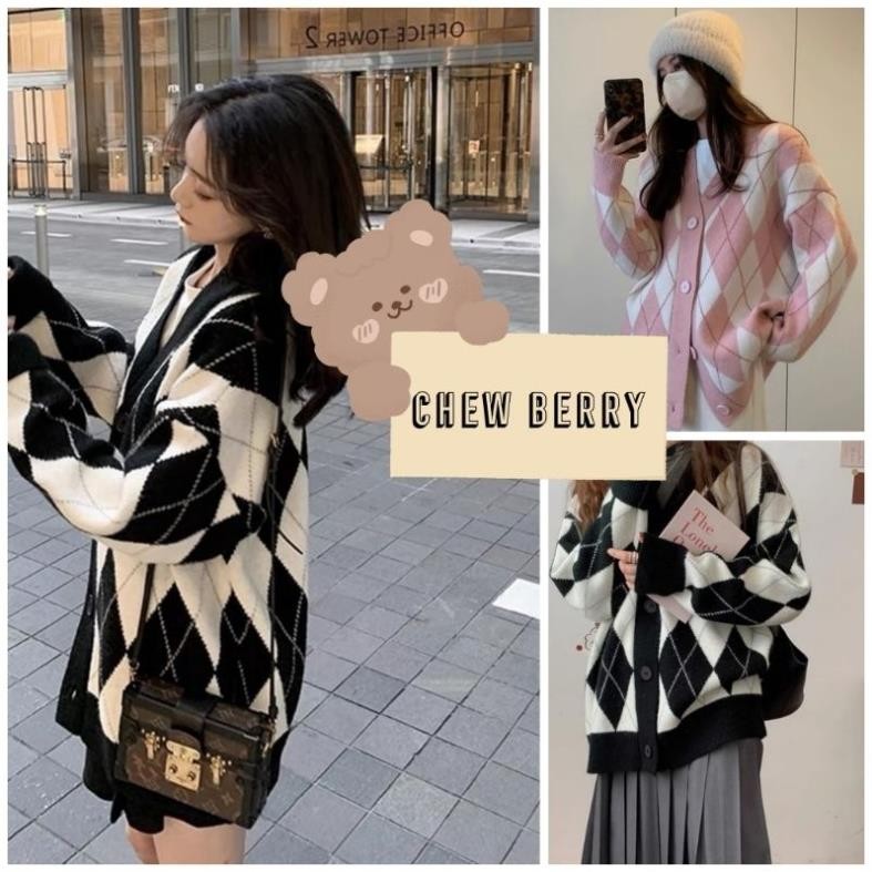 Áo Khoác Cardigan NỈ Nữ Form Rộng Kẻ Caro Kim Cương Hàn Quốc C03