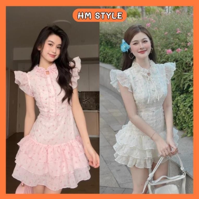 Đầm nữ hoa nhí xếp tầng phối cúc bọc, váy tiểu thư cánh tiên xinh xắn chất voan xốp có dây cột eo HV485 !