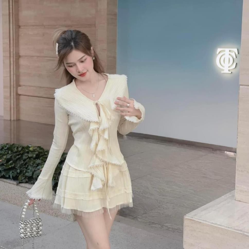 Sét áo váy đũi nữ tính, set bộ đồ nữ bánh bèo phối ren áo buộc dây kèm chân váy xòe AA05