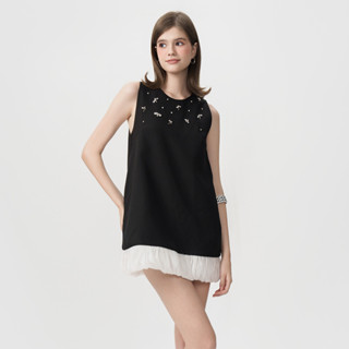 RECHIC Đầm ngắn Lenka dáng sát nách suông phối bèo tà nhẹ sang trọng