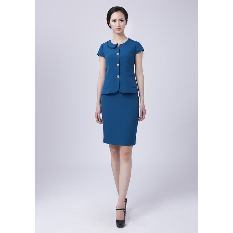 Bộ Áo ký giả ngắn tay và Chân váy juyp vải Tuytxi màu xanh nữ Mazano