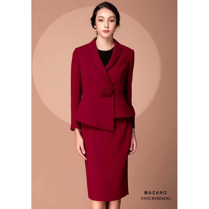 Bộ Áo vest đính bông hoa và Chân váy Juyp vải Tuytxi len màu đỏ nữ Mazano