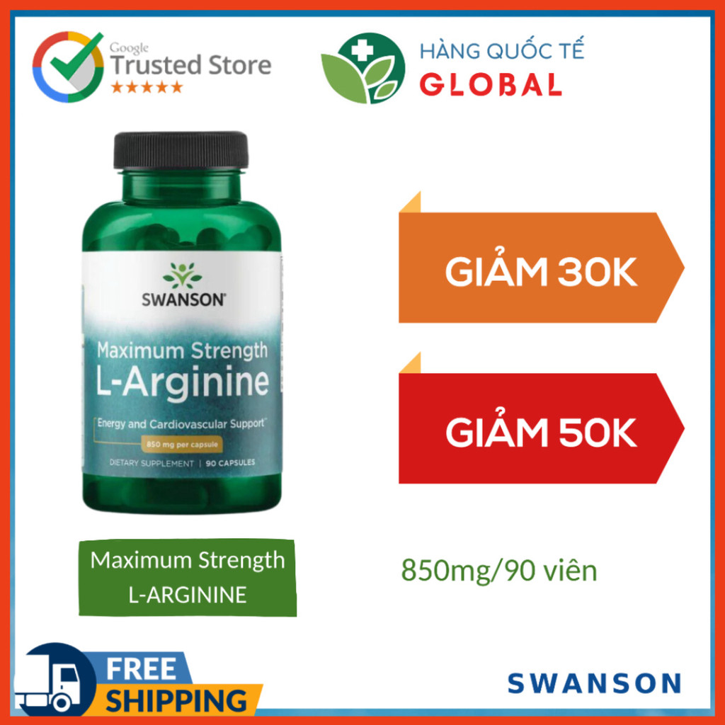 [Global] SWANSON Maximum Strength L-ARGININE/L-ARGININE Sustained Release, 90 - 100 viên, Hỗ trợ sức