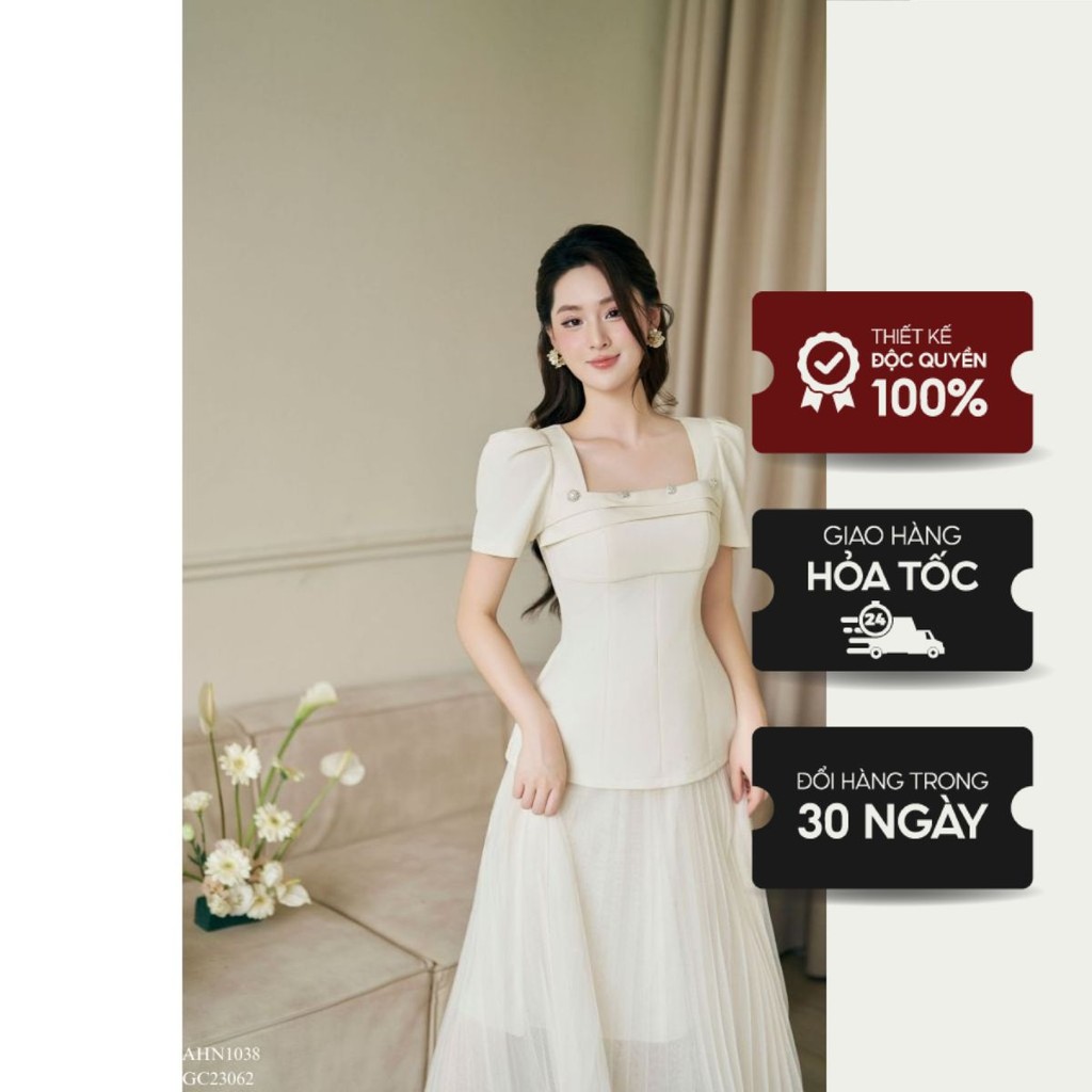 Áo kiểu nữ dáng peplum đáp lật xếp ly đính khuy thiết kế thanh lịch TIINSTORE AHN1038