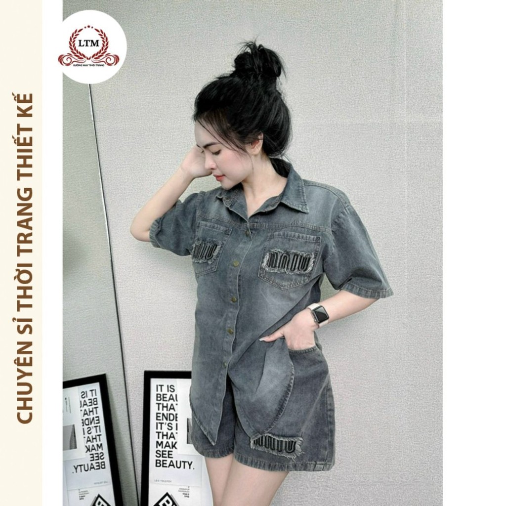 Bộ sét jeans nữ thêu túi kèm quần đùi ,set bò thời trang nữ cao cấp ms -162