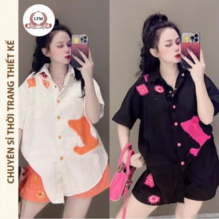 Sét Bộ Kaki Nữ, Áo Sơ Mi Tay Ngắn Thêu Hình LV. kèm.quần đùi phối màu ms-125