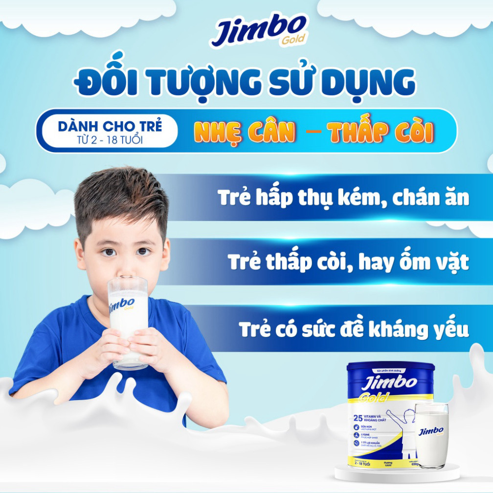 Sữa  Jimbo Gold Tăng Cân Cho Bé Từ 2 Tuổi Cải Thiện Tiêu Hóa, Tăng Cường Đề Kháng, hộp 650g