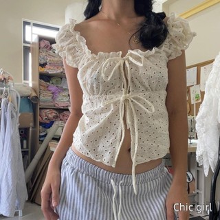 Áo thun nữ buộc dây phía trước Áo thun ngắn tay cổ vuông Slim Fit Áo Frill Trim Áo thun