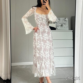 Đầm ren nữ dài tay cổ vuông buộc hoa xoay mùa thu dài