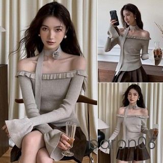 Nữ lệch vai Đan Áo Dài Tay Ruffle Viền Áo Len Mùa Thu Áo Thun Có Khăn