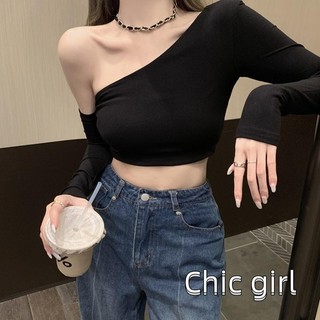 Rjqu-áo thun Crop không đều dành cho nữ Áo thun dài tay lệch vai màu trơn Áo thun dạo phố Clubwear