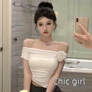 Áo Thun Nữ Tay Áo Không Đều Hoa Nữ Crop Top Mùa Hè Áo Cho Đảng Câu Lạc Bộ Trắng Xanh Kaki Hàng Ngày
