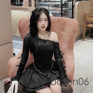 Nữ Mùa Hè Ngọt Ngào Crop Tops Rỗng Ra Nơ Trang Trí Tay Dài Bất Đối Xứng Áo Thun Mỏng Dạo Phố