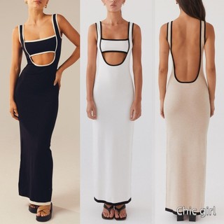 Phụ Nữ Dệt Kim Xe Tăng Đầm Mùa Hè Màu Sắc Tương Phản Cutout Backless Đảng Cho Cocktail Đi Biển Câu Lạc Bộ Dạo Phố