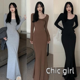 Rjqu-áo dài viền đuôi cá nữ màu trơn cổ chữ U dài tay ôm vừa vặn Váy thanh lịch