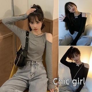 Nữ Xuân Thu Trang Bị Áo Màu Trơn Tay Dài Cổ Tròn Lạnh Vai Áo Thun Đen Xám Hottie