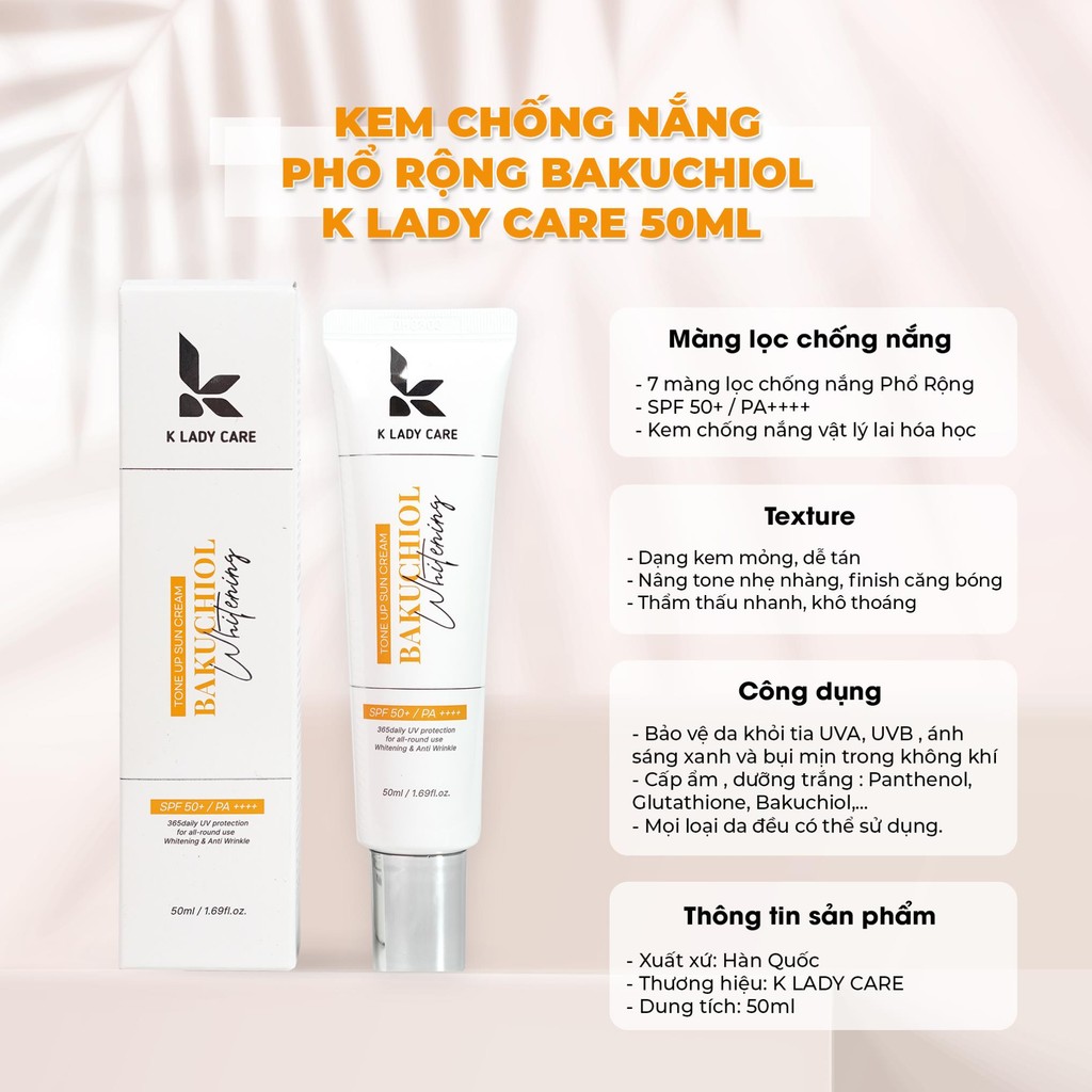 Kem Chống Nắng Nâng Tone Dưỡng Trắng Giảm Nhăn K Lady Care Bakuchiol Whitening Tone Up Sun Cream 50m