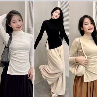 Áo thun nữ cổ cao tay dài eo xẻ tà nhẹ nhàng cuốn hút A188
