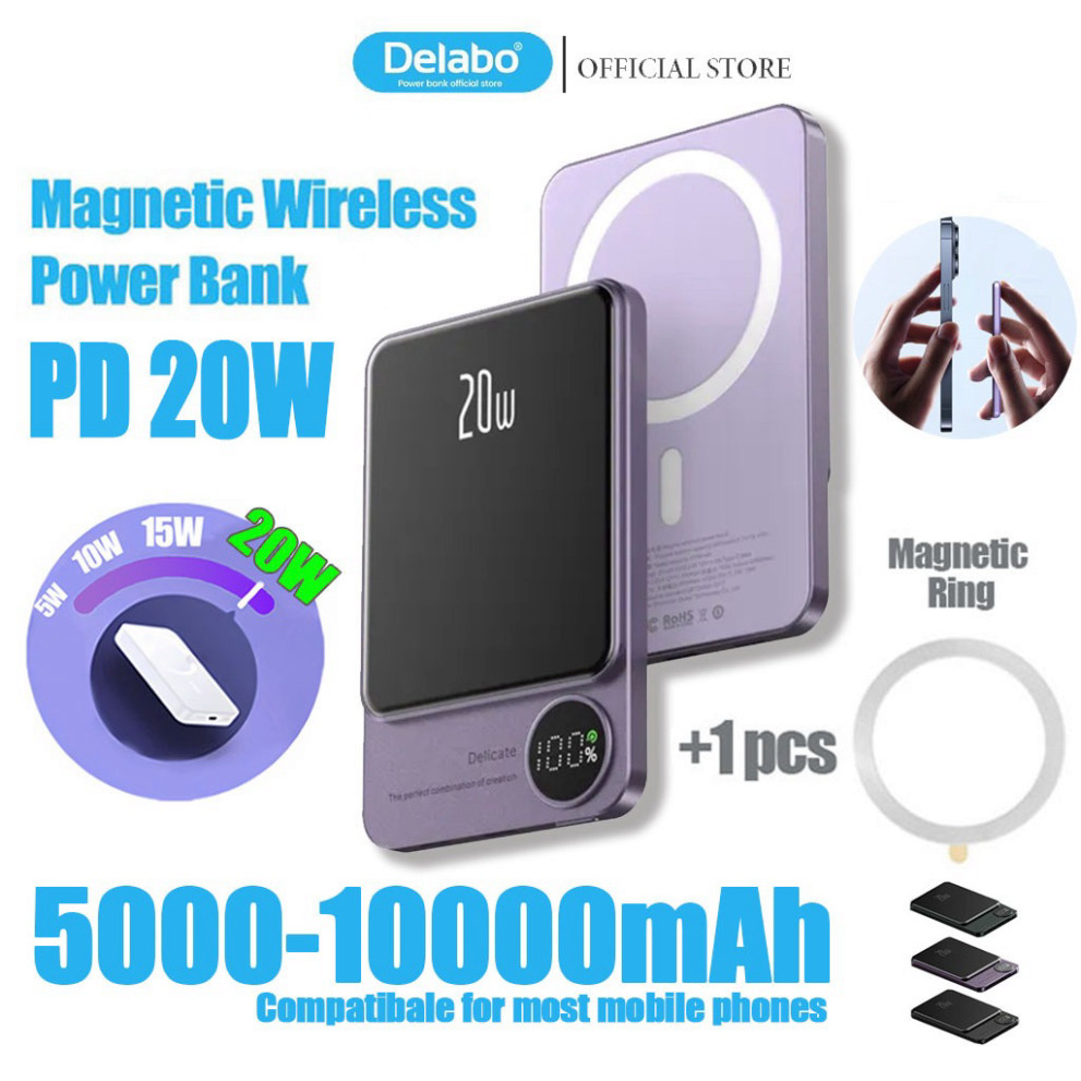 Original PD 20W Pin Sạc Dự Phòng Không Dây Delabo 10000mAh Từ Tính Cho iphone 15 14 13 12 pro max 50