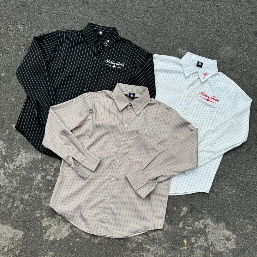 Áo sơ mi tay dài Oxford hình thêu GOLDEN CHILD tà vạt bầu form rộng nam nữ basic striped shirt hàn q