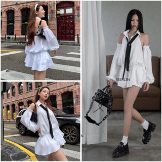 Set Áo Sơ Mi VIERLIN Cà Vạt Bo Chun Hở Vai Tay Rời Kèm Quần Đùi - Set Trễ Vai Tay Áo Rời Phối VSM010