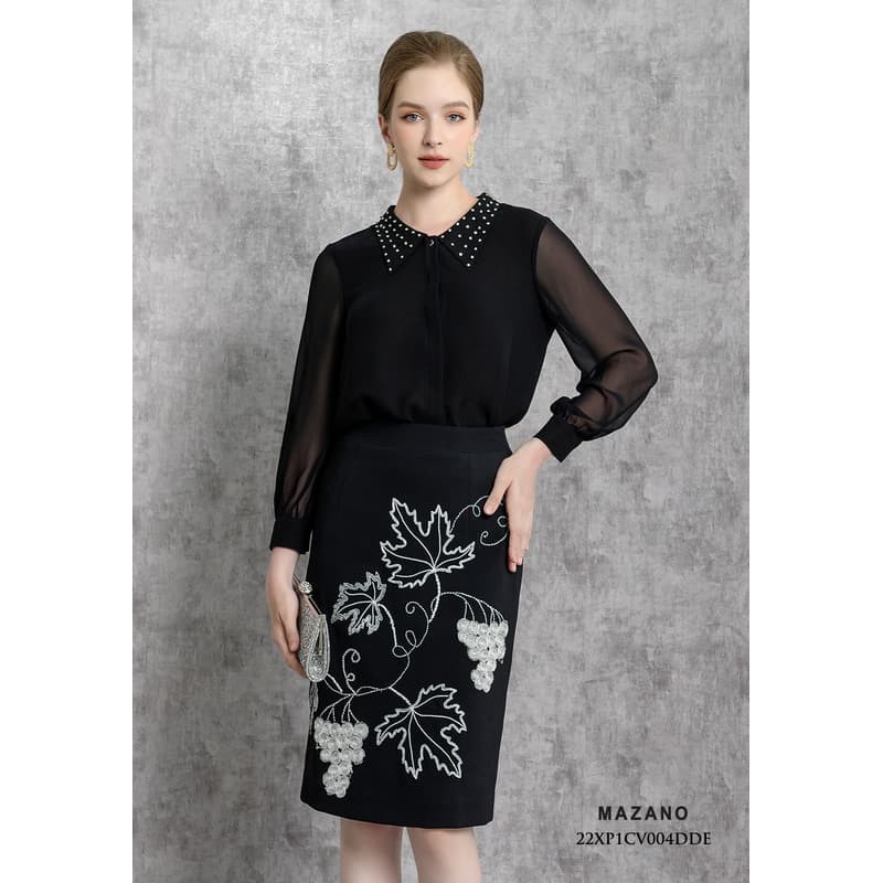 Chân váy Juyp vải Tuytxi len màu đen thêu họa tiết bố cục nữ Mazano