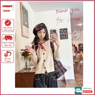 [CÓ FREESHIP] Áo cardigan len Yummy phối nơ đỏ, Áo khoác len dễ thương cổ tròn màu trắng hồng phong cách ngọt ngào