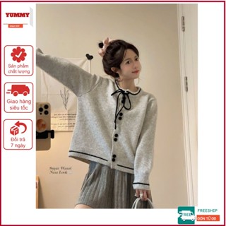 Áo cardigan len xám Yummy cúc đôi buộc nơ, Áo khoác len phong cách tiểu thư