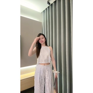  XẢ HÀNG - Set bộ nữ Chililuu áo cổ yếm cột dây kèm quần suông ống rộng họa tiết kể sọc phong cách Douyin 