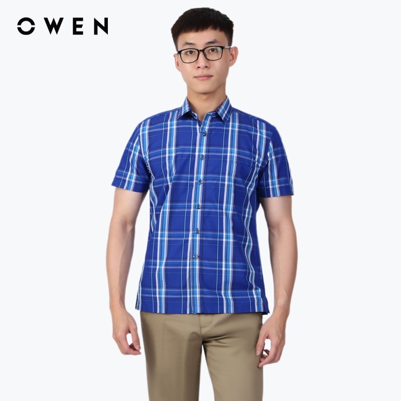 OWEN - Áo sơ mi ngắn tay Body Fit BA23759N màu Xanh chất liệu Eucalyptus by Viscose Cooling Poly