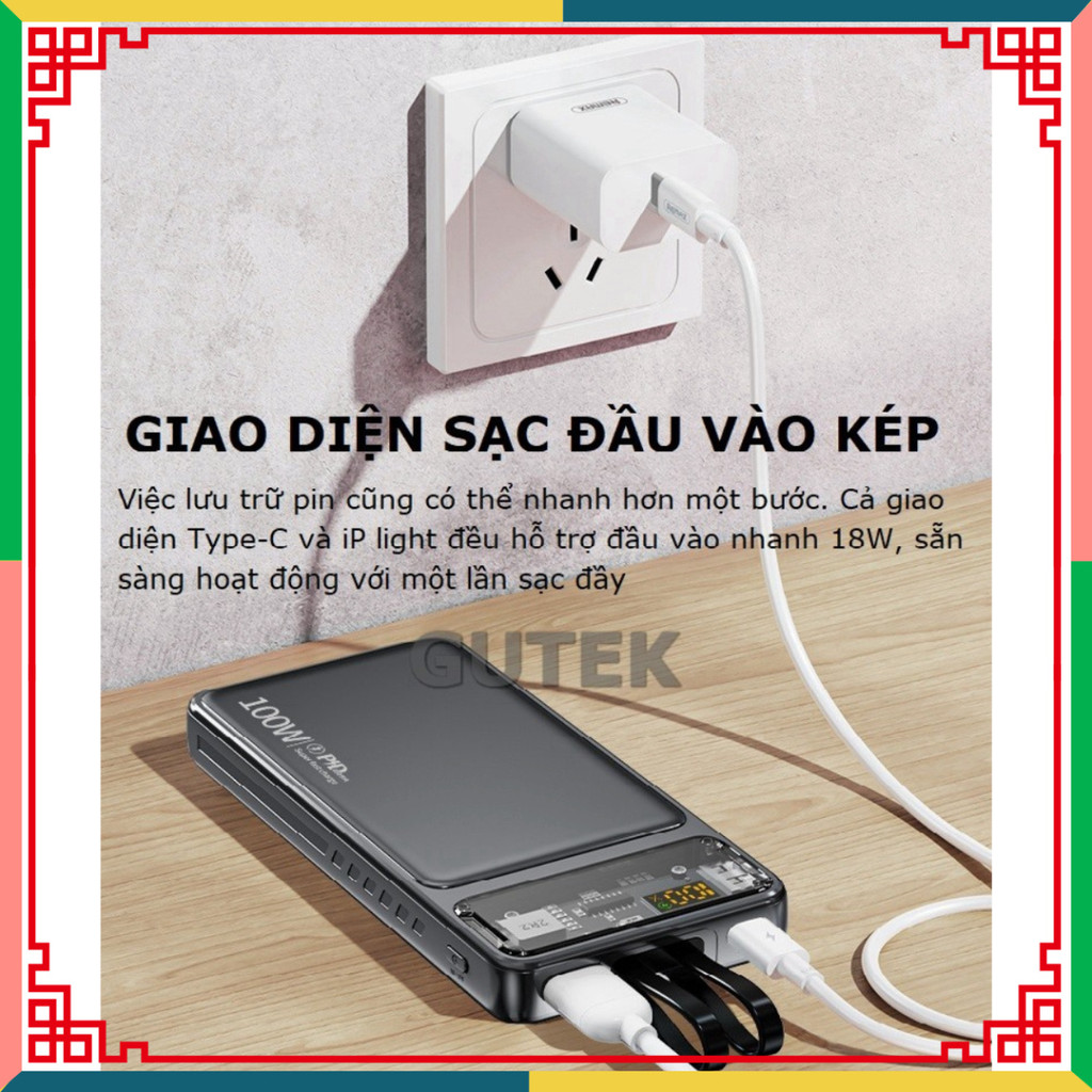 Sạc phòng ngừa 20000mah 30000mah năng suất nhanh 100w nồng độ pin lớn in sẵn dây cho laptop - Gutek DX159 (hàng chuẩn)