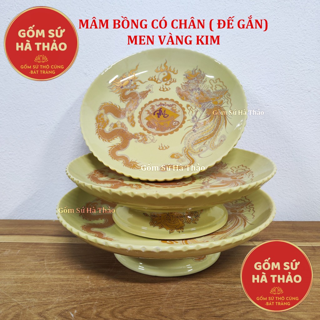 Mâm bồng, Mâm ngũ quả, đĩa vàng ( có chân) mâm bồng bày ban thờ, men vàng kim gốm sứ Bát Tràng
