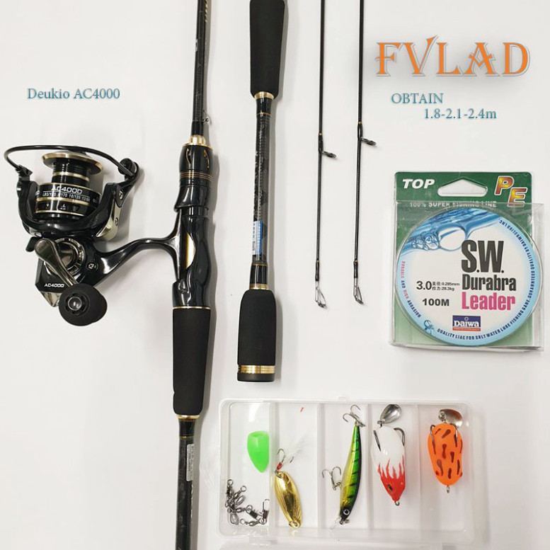 Bộ cần câu lure carbon 2 ngọn máy đứng FVLAD + máy câu Deukio AC4000 tặng nhiều phụ kiện dùng ngay m