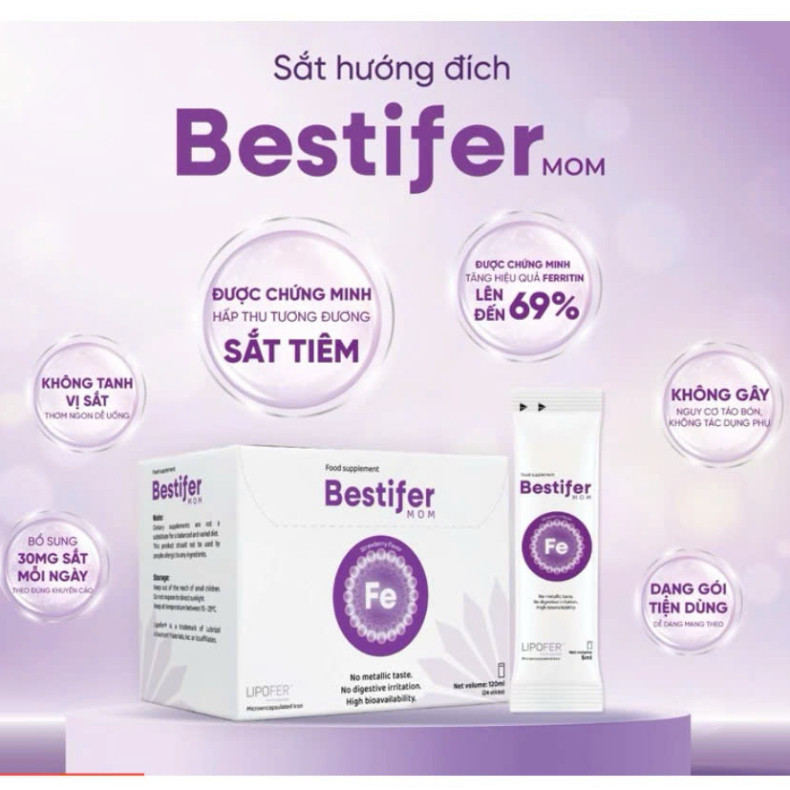 Sắt Bầu Bestifer Mom Hộp 24 Gói, Sắt Nước Cho Phụ Nữ Mang Thai Và Cho Con Bú Không Tanh
