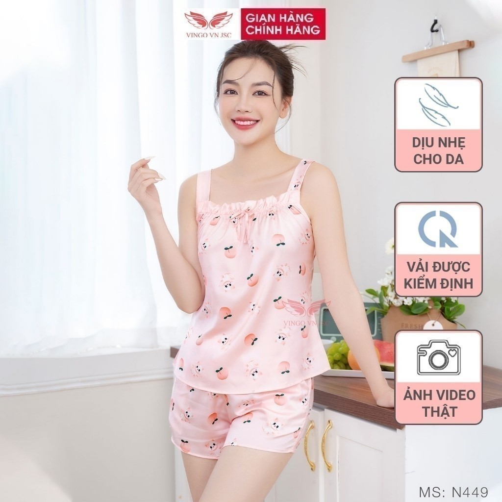 Đồ bộ ngủ 2 dây mặc nhà bản to lụa Pháp cao cấp mùa Hè VINGO quần đùi hoạ tiết dễ thương N465 VNGO