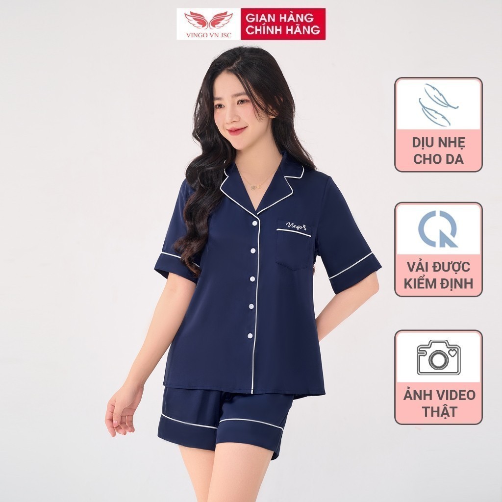 Bộ ngủ lụa Pijama trơn cao cấp VINGO tay ngắn quần đùi mặc nhà mùa thu thoáng mát H1146 VNGO