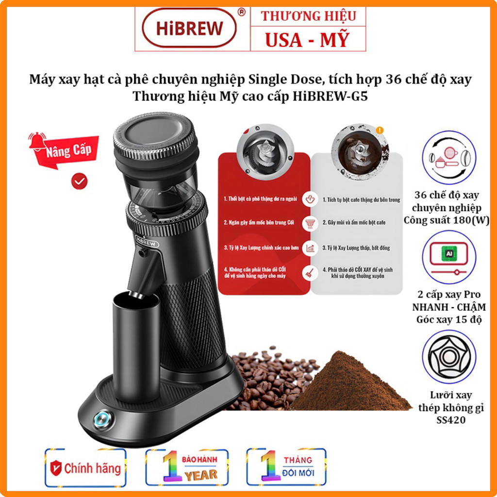 Máy Xay Cà Phê HiBREW G5 - 36 Chế Độ, Lưỡi Cornical Burr 48mm, Màu Đen, Kích Thước 19x31x10.5cm